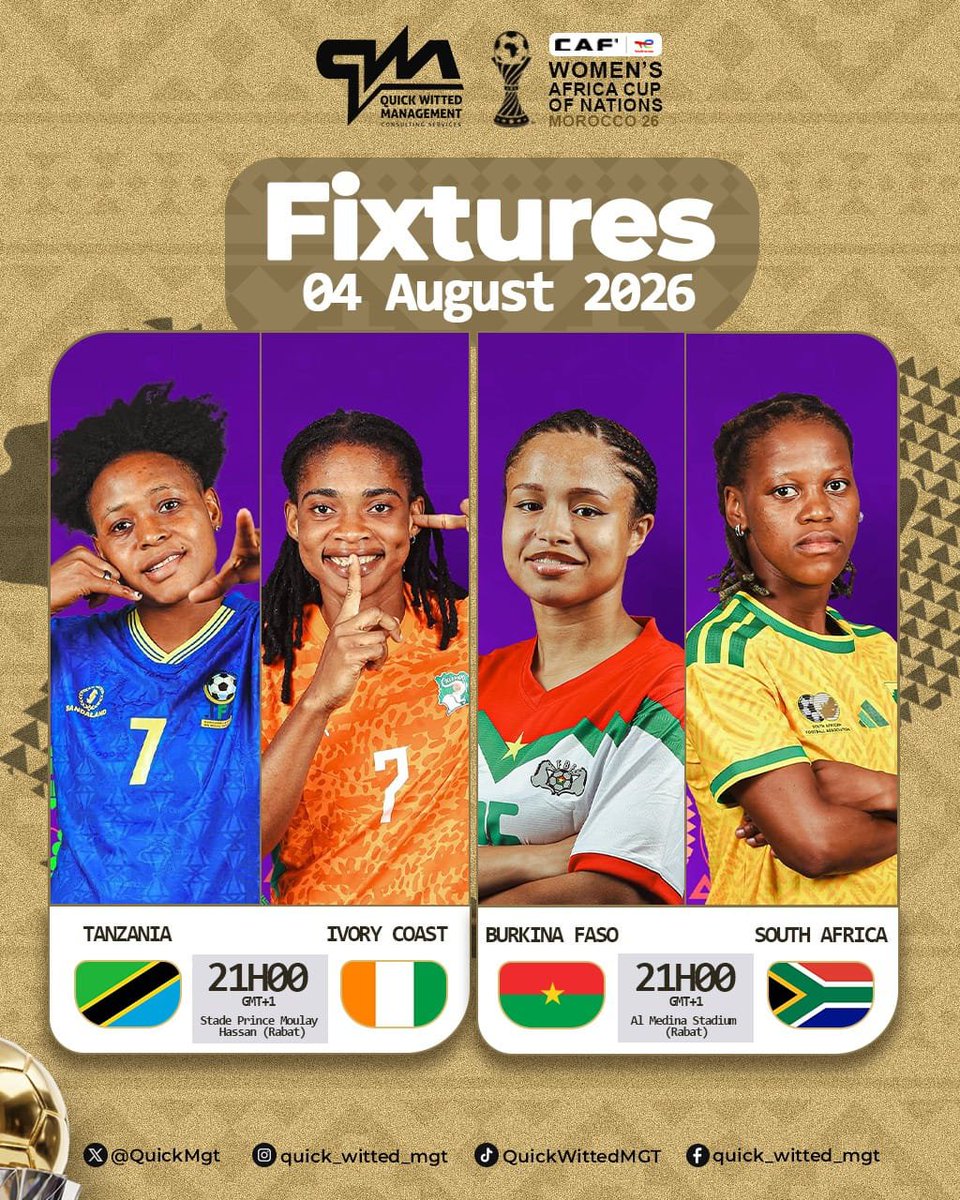 NMegan82197's tweet photo. 🏆 CAN féminine 2026 : Le Groupe B revient pour son verdict final !

⏰ 20h00 GMT
🇨🇮 Côte d'Ivoire 🆚 🇹🇿 Tanzanie
🇿🇦 Afrique du Sud 🆚 🇧🇫 Burkina Faso

Deux places pour les quarts de finale sont en jeu. 

#WAFCON2026 #TotalEnergiesWAFCON2026 #QuickWittedMGT https://t.co/CYjKKmNXBo