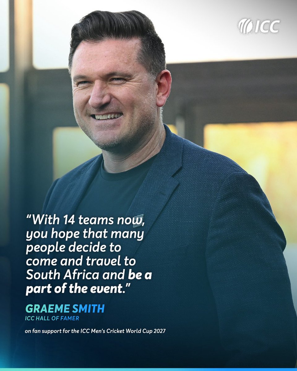 ICC's tweet photo. ICC Hall of Famer Graeme Smith feels the bigger the #CWC27 event is, the grander the fan support will be 🙌

More ➡️ https://t.co/S4PSOQN8tM https://t.co/C5p4tcfhon