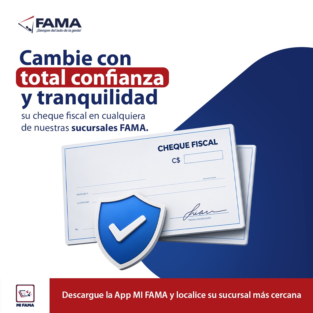 fama_nic's tweet photo. En FAMA cuidamos sus trámites financieros. Visítenos y cambie sus cheques fiscales con respaldo, seguridad y transparencia que nos caracteriza.

Conozca su sucursal más cercana a través de la App Mi FAMA:
iOS: https://t.co/4S9WTh9eLY
Android: https://t.co/TVbqGzAHcl https://t.co/mfDCxG5JBo