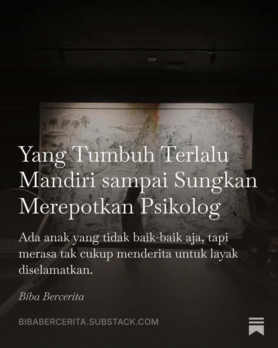 bibabercerita's tweet photo. Saat mendapat tanda kalau aku perlu bantuan profesional, aku merasa harus mampu menjelaskan semua luka dengan rapi, berkronologi, dan ada bukti.

Padahal tugas itu tidak bisa dilakukan oleh orang yang sedang terluka. Karena luka membuat kita bingung dan meragukan ingatan sendiri.

Tulisan terbaruku di Substack sudah tayang 🙌🏻 Selengkapnya:
https://t.co/CLjPPEEd01