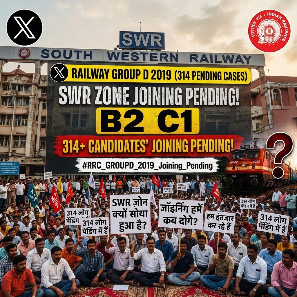 Maxmeena0008's tweet photo. 2019 Railway Group D (SWR Zone) के अभ्यर्थियों का इंतज़ार आखिर कब खत्म होगा? 
Joining अभी तक Pending है और उम्मीदवार जवाब का इंतज़ार कर रहे हैं।
उम्मीद है जल्द स्पष्ट अपडेट मिलेगा।
@narendramodi
@AshwiniVaishnaw
@VSOMANNA_BJP
@RailMinIndia 
#RRC_GROUPD_2019_Joining_Pending https://t.co/ebeYtkpwzb