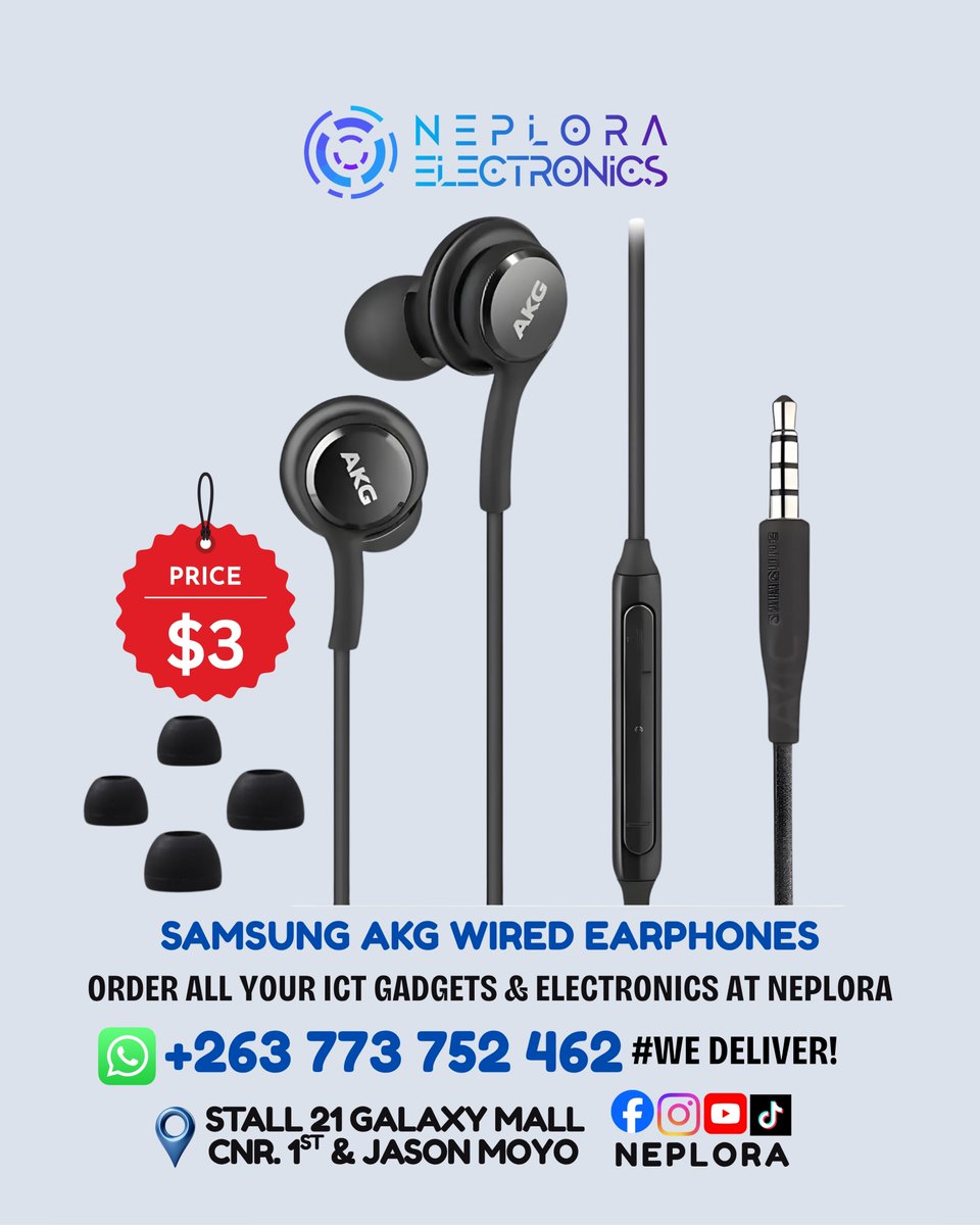 neplora's tweet photo. 🎧🎵📱 Samsung AKG Wired Earphones in Harare, Zimbabwe available at Neplora. Call/WhatsApp📲: +263 773 752 462 to order. #WeDeliver!
📍 We are located in Harare CBD
Visit Stall 21 Galaxy Mall Ground Floor
Corner First Street, and Jason Moyo Ave https://t.co/E19o6RkkCT