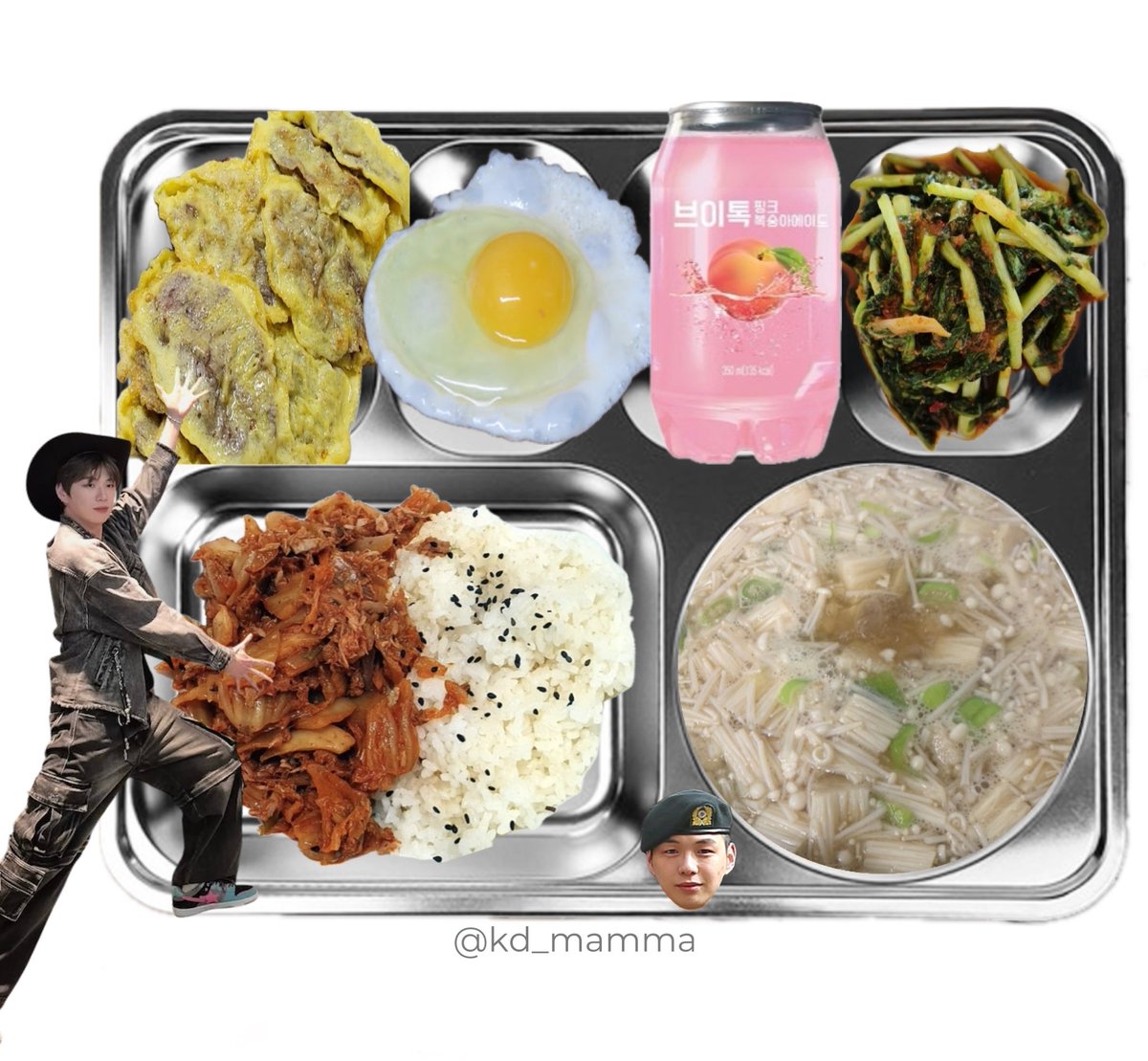 kd_mamma's tweet photo. 〔 2026년 8월 5일 중식 〕 
김치덮밥
팽이버섯된장국
계란후라이
쇠고기육전
복숭아에이드
열무김치
   ᑎ__ᑎ      ᐱ__ᐱ     ᕱ__ᕱ
   (˶.•o•˶)    ( .•ω• )    ( .•⤚• )
ଘ(ა       )    (ა🍑૮)｡   (      ٩)੭ https://t.co/4CmnNou0qs