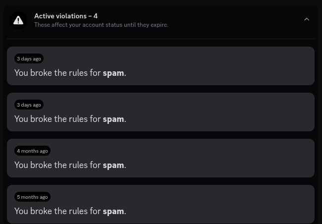 notaochi's tweet photo. @discord thank you for striking me 4 times for using the platform https://t.co/0qOVTfbdjC