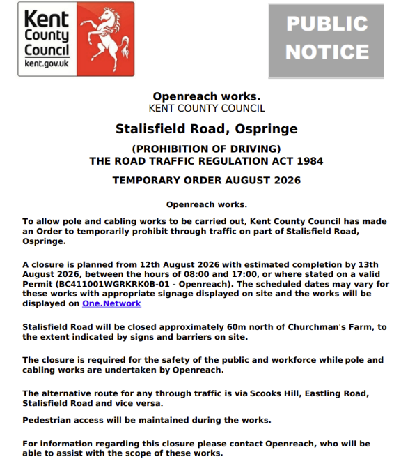 KentHighways's tweet photo. Ospringe, Stalisfield Road: Road closed 12th - 13th August (08:00-17:00) to allow for Openreach works: https://t.co/a9YgiOe6TE https://t.co/UCz734pvAH