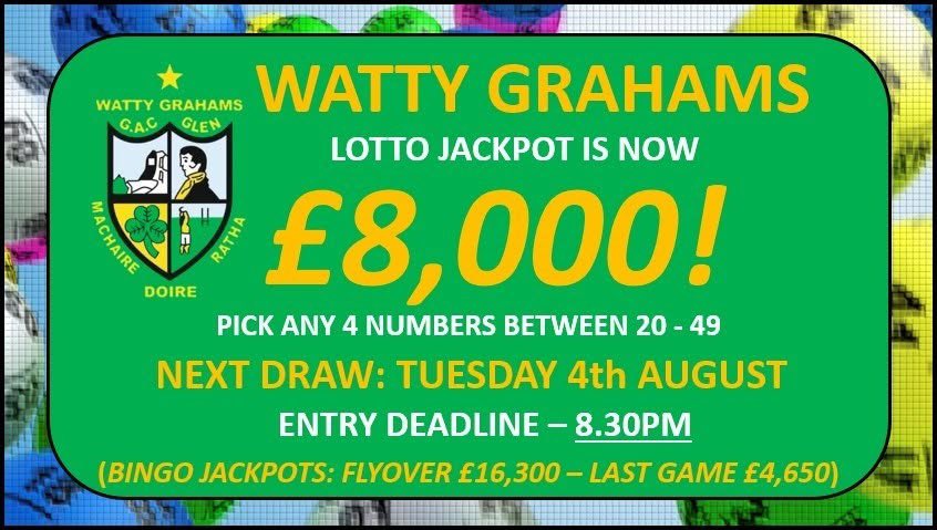 WattyGrahamsGAA's tweet photo. Tonight's lotto jackpot is £8,000!
Play online at https://t.co/6BX9tSfW8i
Deadline is 8.30pm.
Minimum play is £5.
Good luck!
2 Bingo jackpots: 
Flyover £16,300.  
Last Game £4,650. https://t.co/Dan6PUhkGS