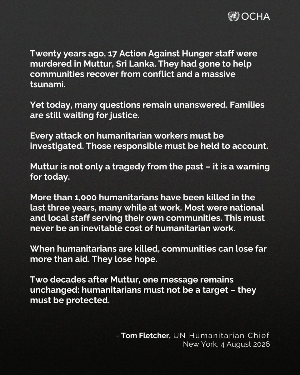 UNReliefChief's tweet photo. Muttur is not only a tragedy from the past – it is a warning for today.

Every attack on humanitarian workers must be investigated. Those responsible must be held to account. https://t.co/xkno9aqsje