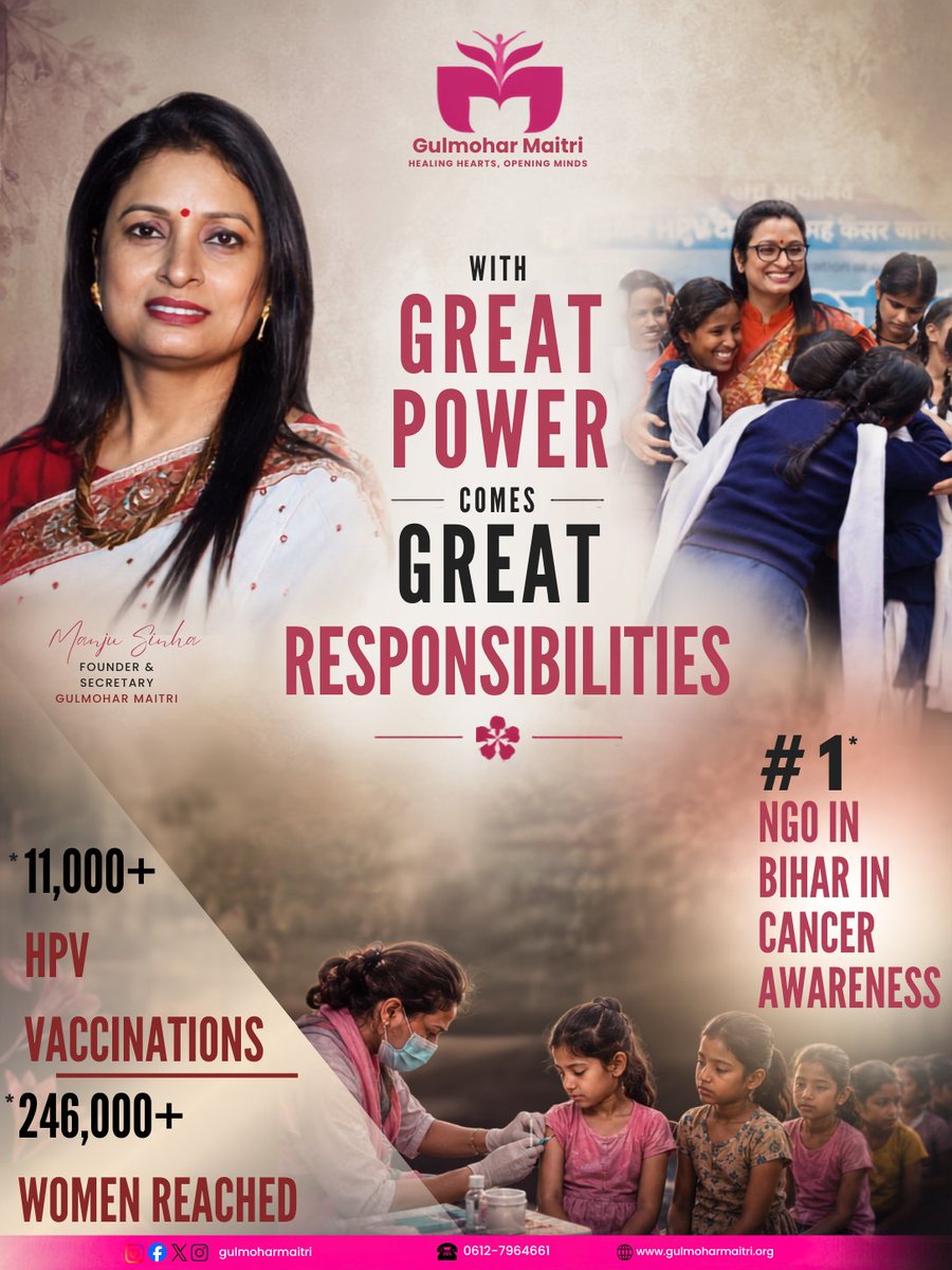 GulmoharMaitri's tweet photo. Every HPV vaccination is more than a vaccine.
It's a promise...
that another girl will get to dream,
grow,
and live without fear.
Some battles are won before they ever begin.
💗 Gulmohar Maitri
#WithGreatPowerComesGreatResponsibilities #GulmoharMaitri #EndCervicalCancer https://t.co/a8KQ2mB74P