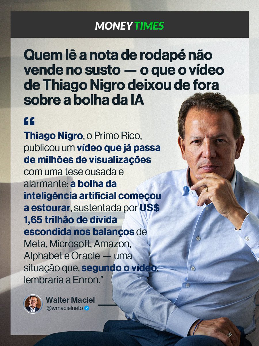 WalterMaciel15's tweet photo. Um vídeo com milhões de visualizações disse que US$ 1,65 trilhão em dívida escondida das big techs é a nova Enron.

O número existe e eu li o mesmo estudo que o Thiago Nigro. Mas entre ler o dado e entender o que ele significa, tem um abismo que custa caro para quem pula sem olhar. Neste meu artigo, publicado na @leiamoneytimes, faço o caminho completo: o que o estudo realmente diz, onde a leitura que viralizou acerta parcialmente, onde erra feio, o que os balanços da última semana provaram em tempo real e o que eu mesmo estou vigiando para mudar de ideia. 

Resposta séria não cabe em susto com vídeo raso e em troca de likes, engajamento e repercussão alheia.

Confira o artigo completo, link abaixo 👇🏻

https://t.co/447YQyT1wB
