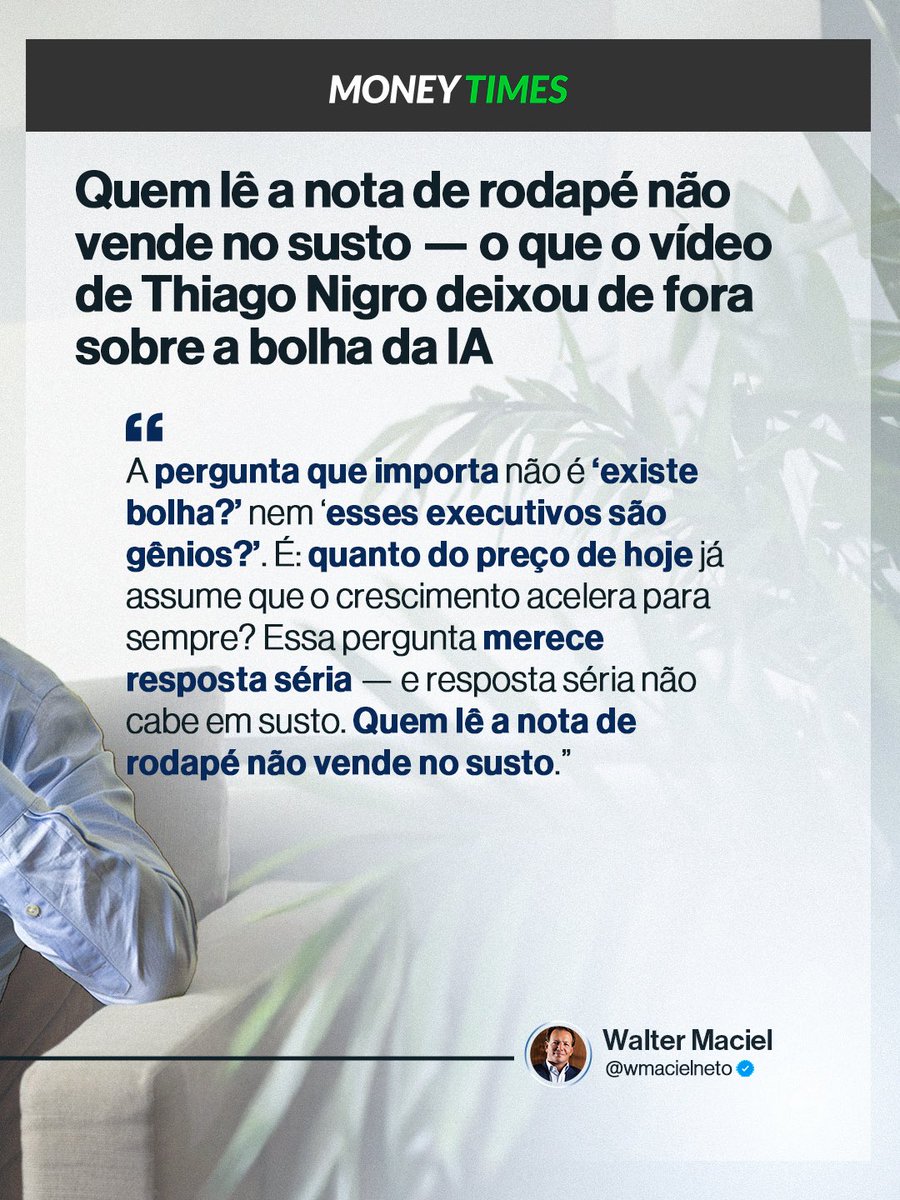 WalterMaciel15's tweet photo. Um vídeo com milhões de visualizações disse que US$ 1,65 trilhão em dívida escondida das big techs é a nova Enron.

O número existe e eu li o mesmo estudo que o Thiago Nigro. Mas entre ler o dado e entender o que ele significa, tem um abismo que custa caro para quem pula sem olhar. Neste meu artigo, publicado na @leiamoneytimes, faço o caminho completo: o que o estudo realmente diz, onde a leitura que viralizou acerta parcialmente, onde erra feio, o que os balanços da última semana provaram em tempo real e o que eu mesmo estou vigiando para mudar de ideia. 

Resposta séria não cabe em susto com vídeo raso e em troca de likes, engajamento e repercussão alheia.

Confira o artigo completo, link abaixo 👇🏻

https://t.co/447YQyT1wB