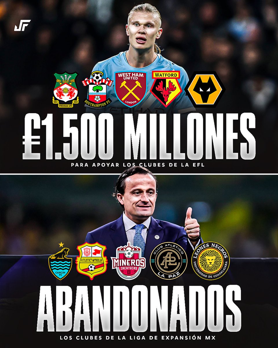 Jovenesfutmx's tweet photo. 🏴󠁧󠁢󠁥󠁮󠁧󠁿😤🇲🇽 La diferencia entre una liga de primer mundo y una liga bananera.

✍Mientras los 20 clubes de la Premier League aprueban una propuesta de financiamiento a largo plazo de cerca de £1,500 millones para apoyar a los 92 clubes de la EFL y garantizar la estabilidad del fútbol inglés 🤝💷 

❌ En México, la Liga MX decidió eliminar el ascenso y descenso y retirar el apoyo económico a los clubes de Liga de Expansión, que siguen luchando por justicia deportiva. ⚖️

En México es difícil que lo deportivo y economico vaya de la mano