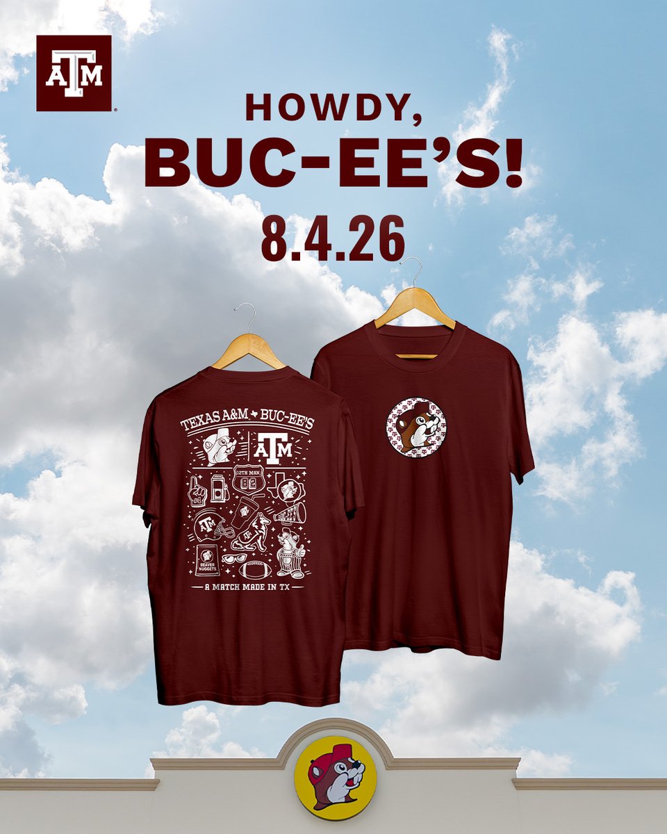 TAMU's tweet photo. Together, we're building something bigger than a collaboration. As two iconic Texas brands rooted in shared values, Texas A&M and @bucees are creating new opportunities to inspire innovation, invest in students and help shape the future of Texas and beyond.
The inaugural co-branded T-shirt is just the beginning of what's ahead and is available exclusively in Buc-ee's stores and at the Texas A&M Barnes & Noble Campus Bookstore. 👍
Learn more: https://t.co/Hj6gbuoxUf