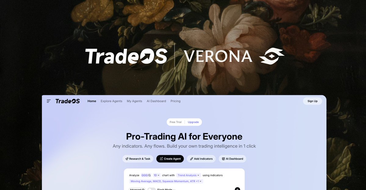 verona_dev's tweet photo. Markets run 24 hours across 13,000+ assets. Your attention runs about 40 minutes.

TradeOS turns your strategy into AI agents that watch everything, all the time, written in plain English.

Built on Verona, which shares in what it earns. https://t.co/MfwbTSn4qe
