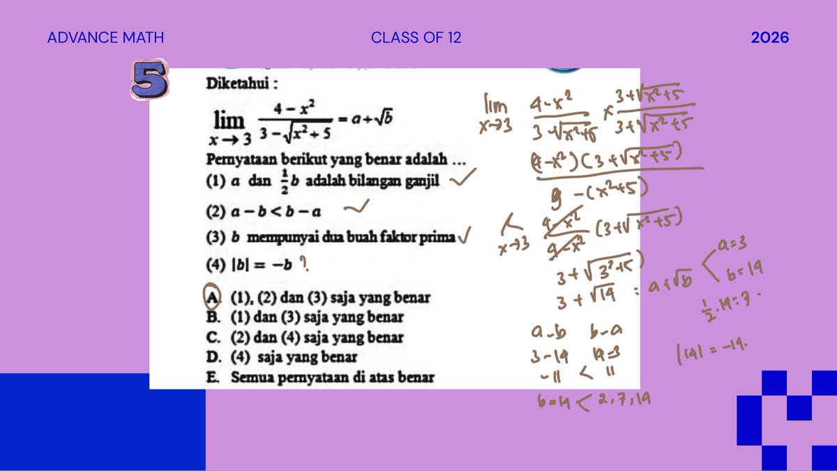 _dearmath's tweet photo. 🍰 Persiapan TKA dan UTBK 2026 
📑 Limit aljabar 

sejauh ini mereka struggle bagaimana memfaktorkan dan mengalikan sekawan 
Next meeting belajar limit aljabar untuk tak hingga https://t.co/VpnFHKb1bG