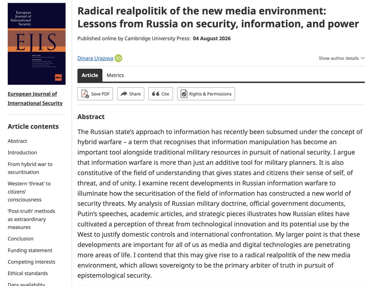 EJIntSec's tweet photo. 🇷🇺💻 NEW: "Radical realpolitik of the new media environment: Lessons from Russia on security, information, and power" by Dinara Urazova (@PoliSciatNU). 🪆

✍️👉 Open access - read here: https://t.co/bR4nXxqtgt https://t.co/ilQMq84mCu