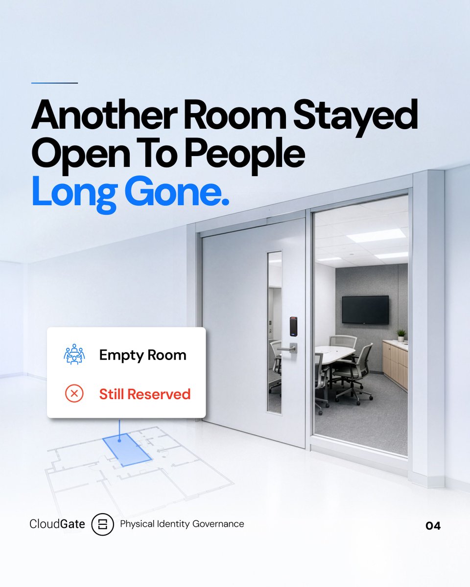 soloinsightinc's tweet photo. You book the boardroom for a client visit. The door says no, because its access list was set months ago.
Space and access usually live in systems that never talk.
#CloudGate ties access to the reservation: right room, right window, closed when it ends.
#Soloinsight https://t.co/43qFTKA2Xs