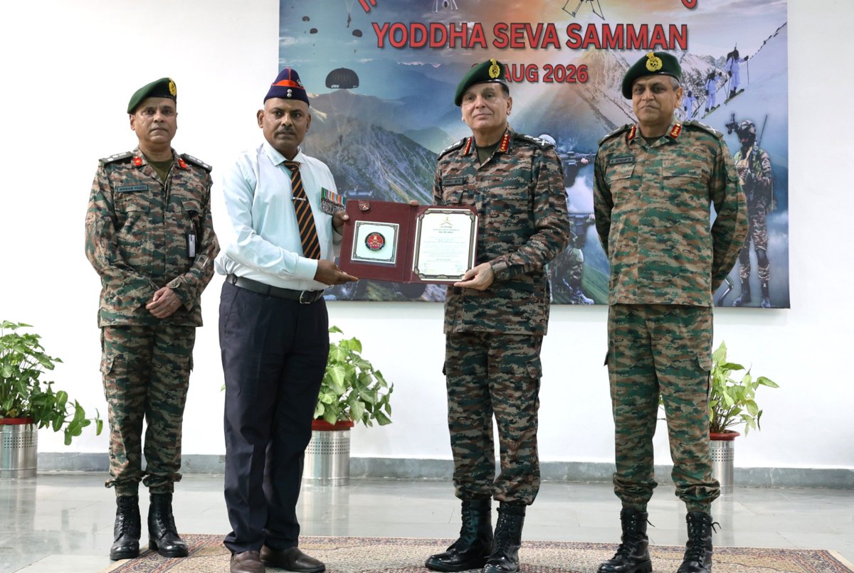 adgpi's tweet photo. योद्धा सेवा सम्मान 
YODDHA SEVA SAMMAN

कर्म से गौरव , सेवा से विजय
Honour Through Action, VIJAY Through Service

A soldier never truly retires - their courage, discipline and selfless service endure.

In recognition of their exemplary contributions to social service, education, healthcare, environment, agriculture, sports and veteran welfare, #GeneralDhirajSeth, #COAS, felicitated four distinguished Veterans with the Yoddha Seva Samman, #YSS during his visit to Lucknow.

The Yoddha Seva Samman embodies the enduring spirit of a Yoddha - one whose values, selfless service and unwavering commitment to the Nation continue long after active military service.

Major General Harsh Kakar (Retd) was honoured for his distinguished contributions to National Security and strategic thought. Following an illustrious military career, including service in United Nations peacekeeping missions, he continues to strengthen strategic discourse as Founder Member and Vice Chairman of STRIVE India through his writings, lectures and strategic insights.

Colonel Arvind Singh Kushwaha (Retd) was recognised for his outstanding contributions to healthcare and medical education. He played a pivotal role in the establishment of #AIIMSNagpur, strengthened COVID-19 management in #Maharashtra, and contributed significantly to the development of medical colleges in #ArunachalPradesh, continuing his lifelong service to society.

Naib Subedar Radhey Shyam (Retd) was felicitated for his exceptional humanitarian service. Through his personal initiative and resources, he established an old-age home providing shelter, food and medical care to ex-servicemen, war widows and the underprivileged. His selfless service has earned him widespread recognition and several prestigious honours.

Risaldar Major (Honorary Captain) Vijay Kumar (Retd) was honoured for his outstanding contribution to veteran welfare and youth empowerment. By establishing a Sainik Library and Motivation Centre with his own resources, he has provided free career guidance, study material and computer training, empowering numerous youth and ex-servicemen to pursue meaningful careers and brighter futures.

‘Service is a Lifelong Journey; Building a Stronger, United #India.’

#RespectAndRecognition
#Veterans
#IndianArmy 
@DIAV20