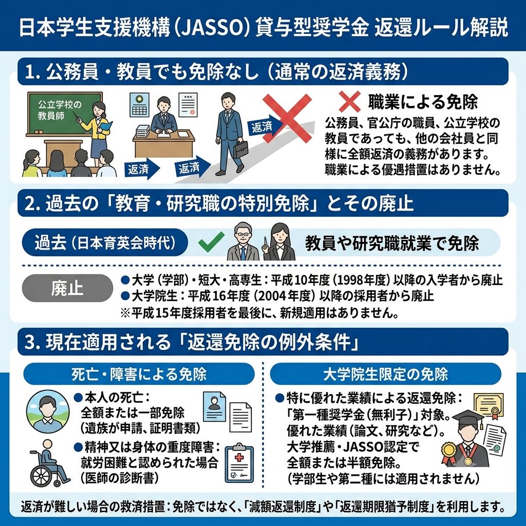 GAMBEJP's tweet photo. @KKomaki68555 JASSO奨学金、教員になれば免除は過去の話！
公務員や教員でも例外なく返済義務があります。
現在適用される免除制度は「死亡・障害」と「大学院生の特に優れた業績」に限定。
返済が難しい時は、免除ではなく減額や猶予の相談を。 https://t.co/HCg1hL974z