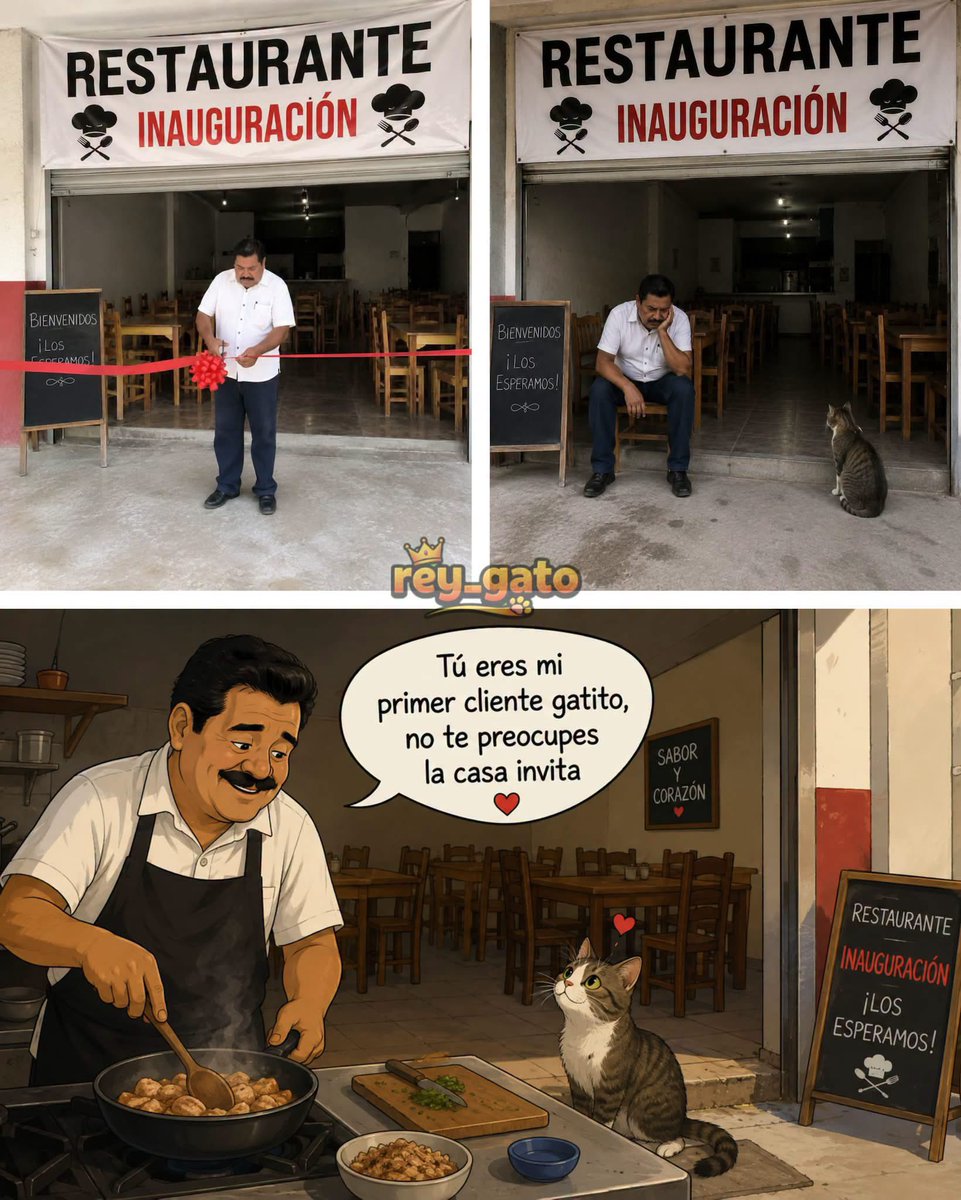 VigiaCiudadano7's tweet photo. El restaurante acababa de abrir, pero las mesas seguían vacías. Las horas pasaban y nadie cruzaba la puerta. Aun así, el hombre no perdió la esperanza.

Mientras esperaba, un pequeño gato apareció en la entrada. Se sentó en silencio, observándolo con curiosidad, como si quisiera hacerle compañía en aquel día tan difícil.

El hombre sonrió por primera vez desde la inauguración. Preparó un poco de comida y la colocó frente al gatito.

—Tú eres mi primer cliente, gatito… no te preocupes, la casa invita.

El gato comió feliz y permaneció a su lado toda la tarde. A veces, el primer cliente no llega para hacerte rico… llega para recordarte que vale la pena no rendirse.