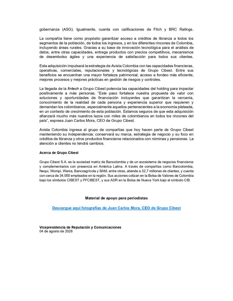 larepublica_co's tweet photo. #Atento I Grupo Cibest anunció el cierre oficial de la adquisición de 100% de las acciones de Avista Colombia. La empresa desarrolla soluciones digitales para otorgar acceso a productos financieros a las personas de la economía plateada https://t.co/tGI6zyUZjn
