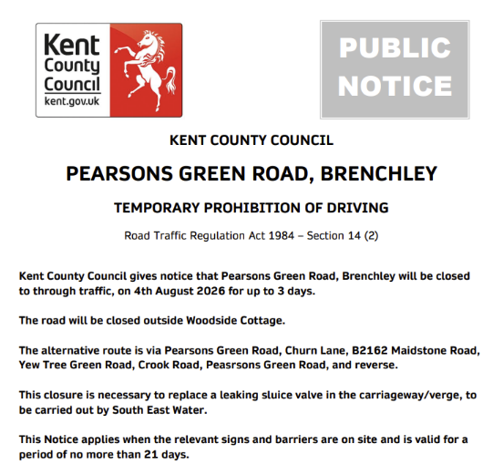 KentHighways's tweet photo. Brenchley, Pearsons Green Road: Road closed 4th August for up to 3 days to allow for @sewateruk  carriageway / verge repair works: https://t.co/t5ojQHjc9i https://t.co/Zfs2APlN0C