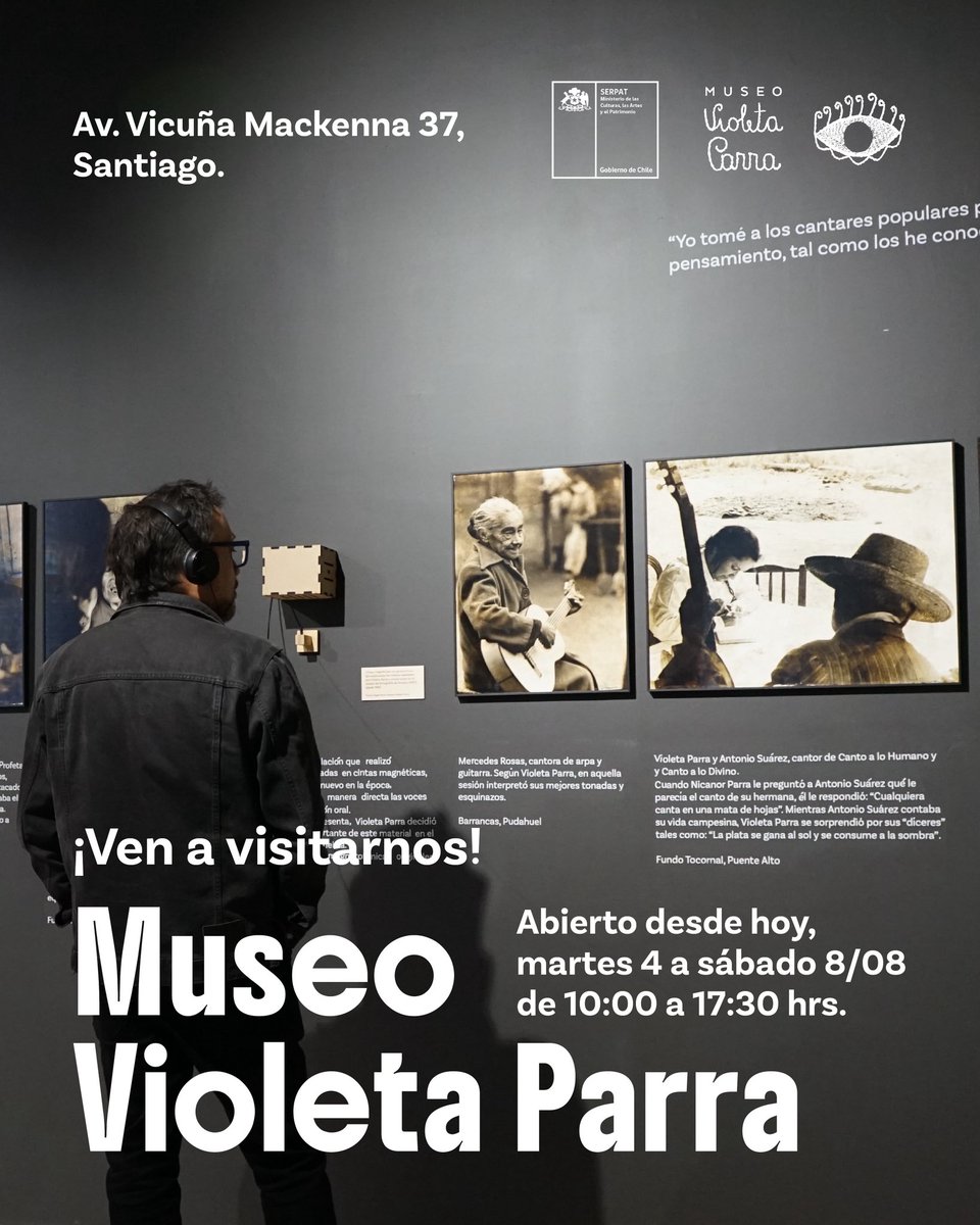 museovparra's tweet photo. ¡MUSEO VIOLETA PARRA ABIERTO!

Tenemos el agrado de anunciar que el Museo Violeta Parra, ubicado en Av Vicuña Mackenna 37, volverá a abrir sus puertas y podrás visitar sus cuatro salas, que contienen las exhibiciones “El folklore de Chile según Violeta Parra” y “Comadres” https://t.co/oI7lSoxhm4