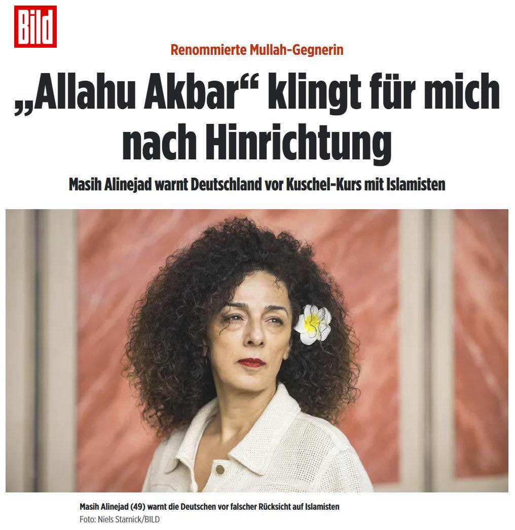 AlinejadMasih's tweet photo. "For me, 'Allahu Akbar' evokes the sound of execution."

I didn't sleep all night,  like millions of Iranians, on the same night they took the sons of this country to the gallows at dawn prayer time, in Alikhani Square in Isfahan.

This is my interview with @BILD German newspaper the morning after. The morning after a public execution. With this headline:

Prominent critic of the Mullah regime:

"For me, 'Allahu Akbar' evokes the sound of execution."

Masih Alinejad warns Germany about its appeasement approach toward Islamists.

Masih urges Germans to avoid misplaced tolerance and accommodation when dealing with Islamists.
Full interview:

https://t.co/qkmqaLPEan