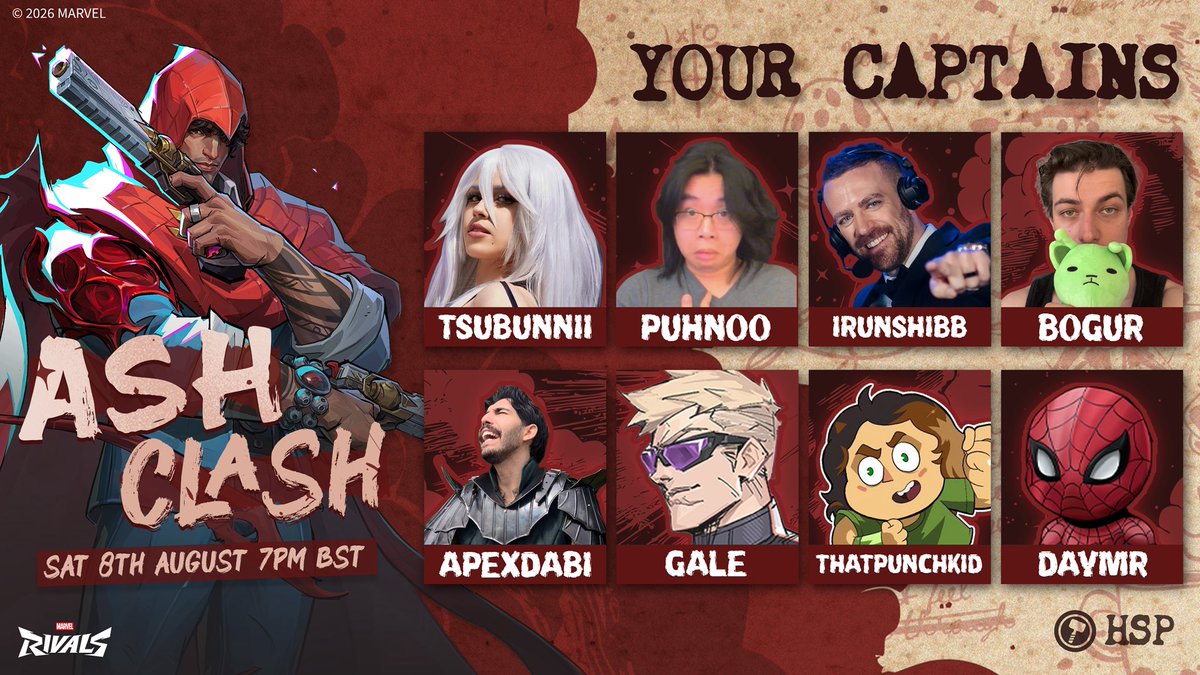 ashIyne's tweet photo. Here are your captains for the Ash Clash

We’ve unfortunately had a change in schedule, the Draft Day has been changed to August 6th - 6pm BST

#AshClash #MarvelRivals ⚔️ https://t.co/GZrvosiudB