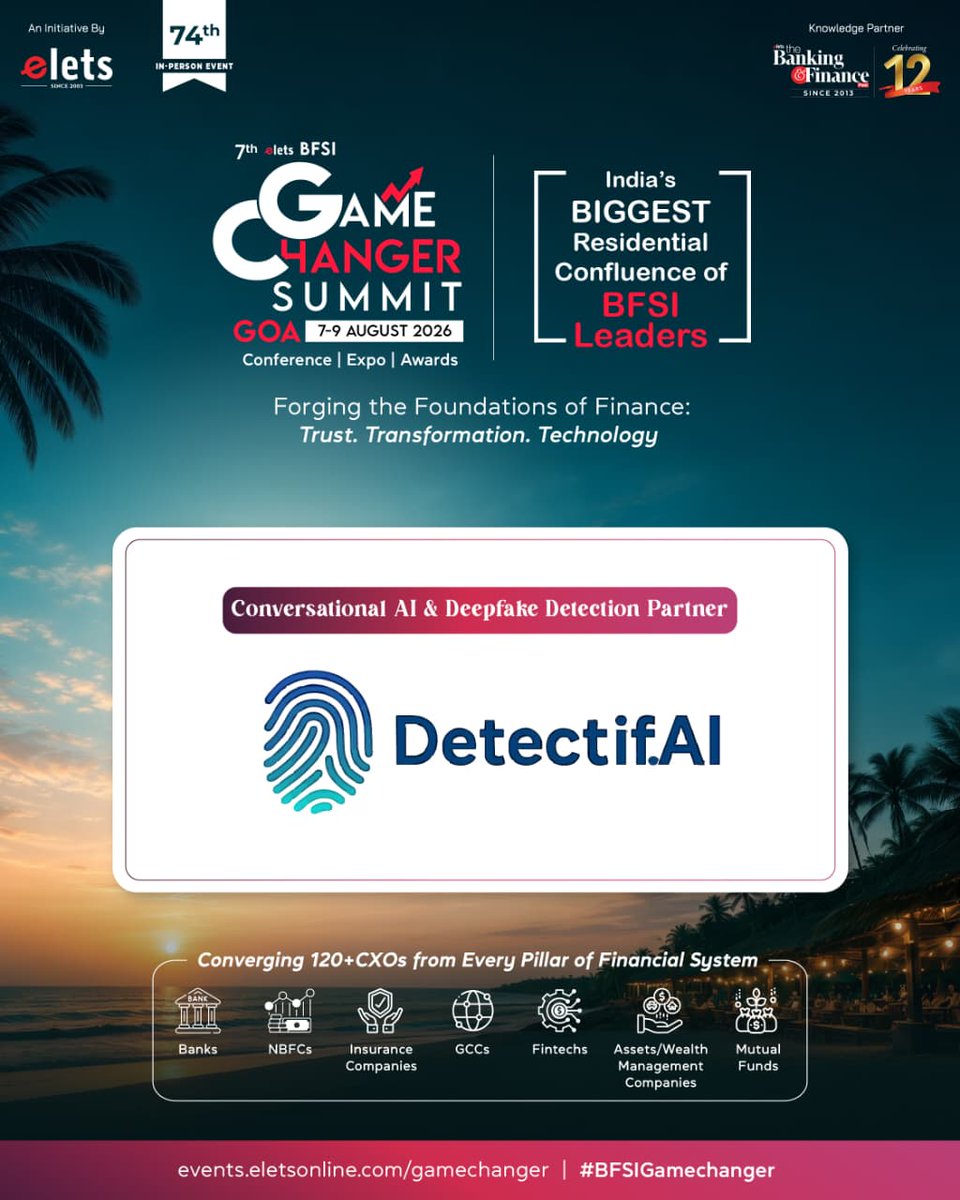 DetectIfAI's tweet photo. Catch us at the Elets BFSI Gamechanger Summit in Goa this week, as Conversational AI &amp; Deepfake Detection Partner.

We build the voice layer for banks and NBFCs. Outbound, agents for collections and verification. https://t.co/QSy3EOOGNn