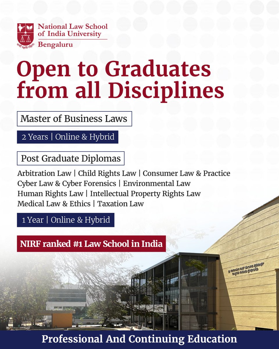 NLSIUofficial's tweet photo. Graduates from any discipline are welcome to apply to NLSIU's Professional and Continuing Education (PACE) programmes.

Explore the 2-year Master of Business Laws (MBL) and one-year Postgraduate Diploma programmes.

Apply: https://t.co/8chF6auvJk

#NLSIU #PACE #LegalEducation https://t.co/TweiJD2V9q