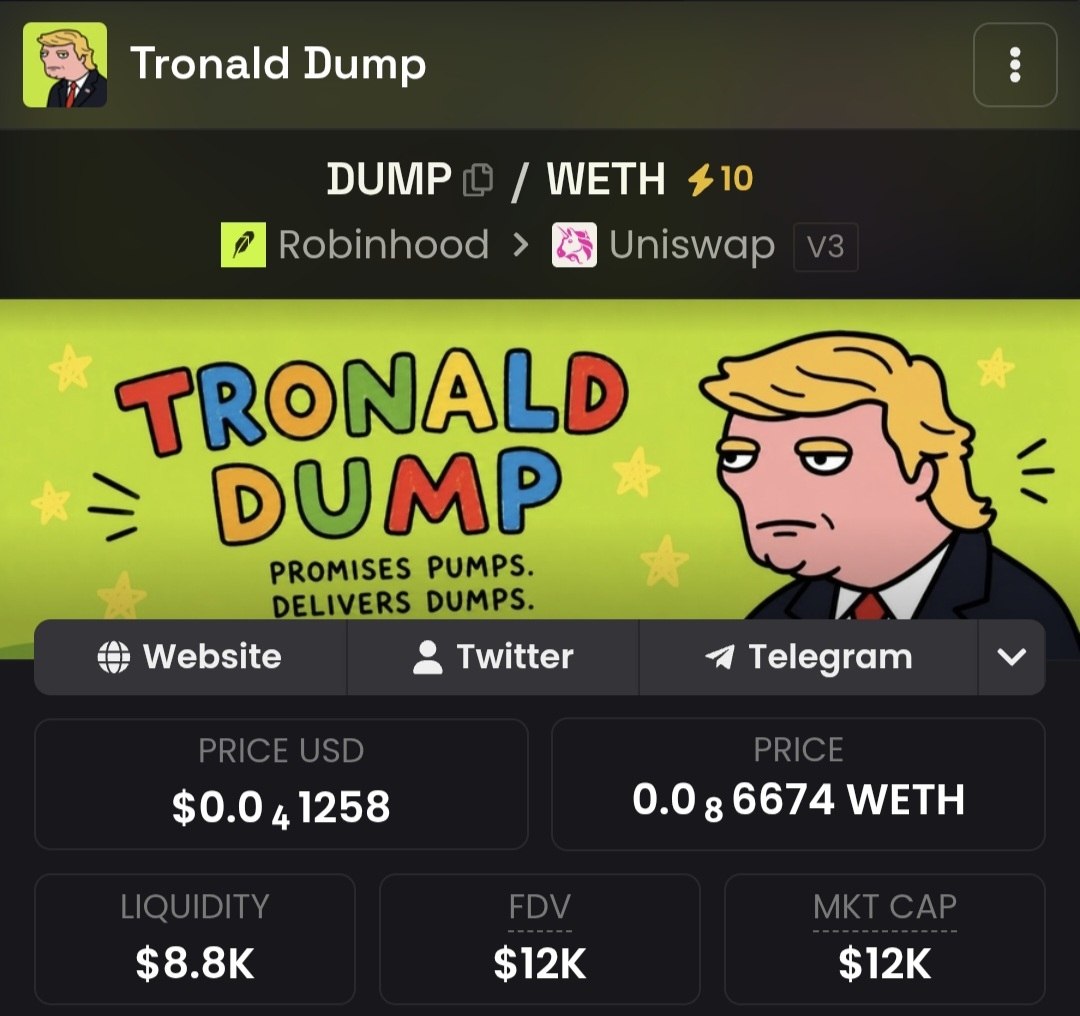tronalddumprh's tweet photo. We just paid a little for a tremendous boost on $DUMP.

That’s how winners do it. Small cost, massive future.

It’s coming back even stronger, believe me. The pumps are just getting started.

Tronald Dump always delivers. Get ready. https://t.co/Jh5BhocQZv