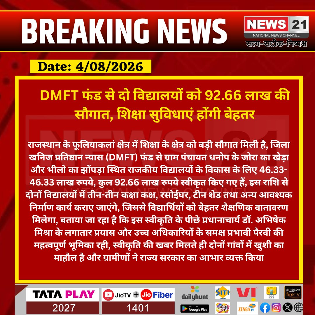 news21national's tweet photo. DMFT फंड से दो विद्यालयों को 92.66 लाख की सौगात, शिक्षा सुविधाएं होंगी बेहतर
#Shahpura #PhooliyaKalan #DMFT #Education #SchoolDevelopment #RajasthanNews #GovernmentSchool @RajGovOfficial @EduMinOfIndia @DIPRRajasthan https://t.co/uVsVtAJlu6