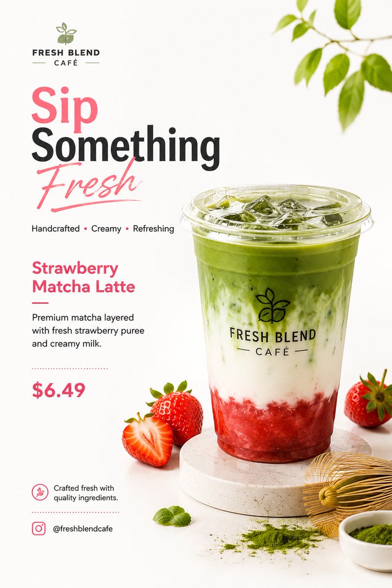 KrevixAi's tweet photo. Prompt in comment 👇
Made with GPT image 2

Use the two uploaded beverage posters as the primary visual references and carefully analyze each drink to preserve its exact identity, including the cup shape, lid, straw, logo placement, branding, colors, layers, ice, fruit pieces, foam, liquid texture, garnish, proportions, and overall presentation. Create a premium 4:5 vertical Instagram beverage menu campaign featuring both drinks together in one cohesive composition on a bright white or soft cream background with generous negative space. Position the Mango Passion Smoothie near the upper-right and the Strawberry Matcha Latte near the lower-left, ensuring both drinks receive equal visual importance without overlapping or dominating the layout. Maintain the Mango Passion Smoothie's vibrant mango-yellow color, passion fruit seeds, fresh mango cubes, mint garnish, transparent dome-lid cup, straw, and original branding, while preserving the Strawberry Matcha Latte's distinct strawberry, creamy milk, and matcha layers, realistic ice cubes, transparent flat-lid cup, and original logo. Enhance only the commercial polish through cleaner presentation, refined reflections, realistic beverage textures, and bright professional studio lighting with soft shadows and crisp highlights while keeping both drinks completely recognizable. Add only subtle decorative accents such as fresh mango slices, half a passion fruit, strawberries, mint leaves, light matcha powder, a few ice cubes, and minimal circular pedestals beneath each drink. Incorporate elegant modern sans-serif typography displaying FRESH BLEND CAFÉ, the headline Fresh Favorites, the tagline Handcrafted • Fresh • Premium, followed by Mango Passion Smoothie with the description Sweet mango blended with tropical passion fruit and crushed ice and the price $5.99, then Strawberry Matcha Latte with the description Premium matcha layered with fresh strawberry puree and creamy milk and the price $6.49, finishing with Made Fresh Every Day and @freshblendcafe. Use charcoal or black text with restrained mango-orange and strawberry-pink accent colors. The final image should feel bright, clean, airy, minimal, modern, premium, realistic, commercial, photo-first, and perfectly optimized for a high-end social media café advertisement.

#GPTimage2 #aiimage