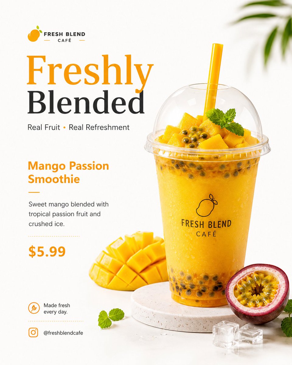 KrevixAi's tweet photo. Prompt in comment 👇
Made with GPT image 2

Use the two uploaded beverage posters as the primary visual references and carefully analyze each drink to preserve its exact identity, including the cup shape, lid, straw, logo placement, branding, colors, layers, ice, fruit pieces, foam, liquid texture, garnish, proportions, and overall presentation. Create a premium 4:5 vertical Instagram beverage menu campaign featuring both drinks together in one cohesive composition on a bright white or soft cream background with generous negative space. Position the Mango Passion Smoothie near the upper-right and the Strawberry Matcha Latte near the lower-left, ensuring both drinks receive equal visual importance without overlapping or dominating the layout. Maintain the Mango Passion Smoothie's vibrant mango-yellow color, passion fruit seeds, fresh mango cubes, mint garnish, transparent dome-lid cup, straw, and original branding, while preserving the Strawberry Matcha Latte's distinct strawberry, creamy milk, and matcha layers, realistic ice cubes, transparent flat-lid cup, and original logo. Enhance only the commercial polish through cleaner presentation, refined reflections, realistic beverage textures, and bright professional studio lighting with soft shadows and crisp highlights while keeping both drinks completely recognizable. Add only subtle decorative accents such as fresh mango slices, half a passion fruit, strawberries, mint leaves, light matcha powder, a few ice cubes, and minimal circular pedestals beneath each drink. Incorporate elegant modern sans-serif typography displaying FRESH BLEND CAFÉ, the headline Fresh Favorites, the tagline Handcrafted • Fresh • Premium, followed by Mango Passion Smoothie with the description Sweet mango blended with tropical passion fruit and crushed ice and the price $5.99, then Strawberry Matcha Latte with the description Premium matcha layered with fresh strawberry puree and creamy milk and the price $6.49, finishing with Made Fresh Every Day and @freshblendcafe. Use charcoal or black text with restrained mango-orange and strawberry-pink accent colors. The final image should feel bright, clean, airy, minimal, modern, premium, realistic, commercial, photo-first, and perfectly optimized for a high-end social media café advertisement.

#GPTimage2 #aiimage
