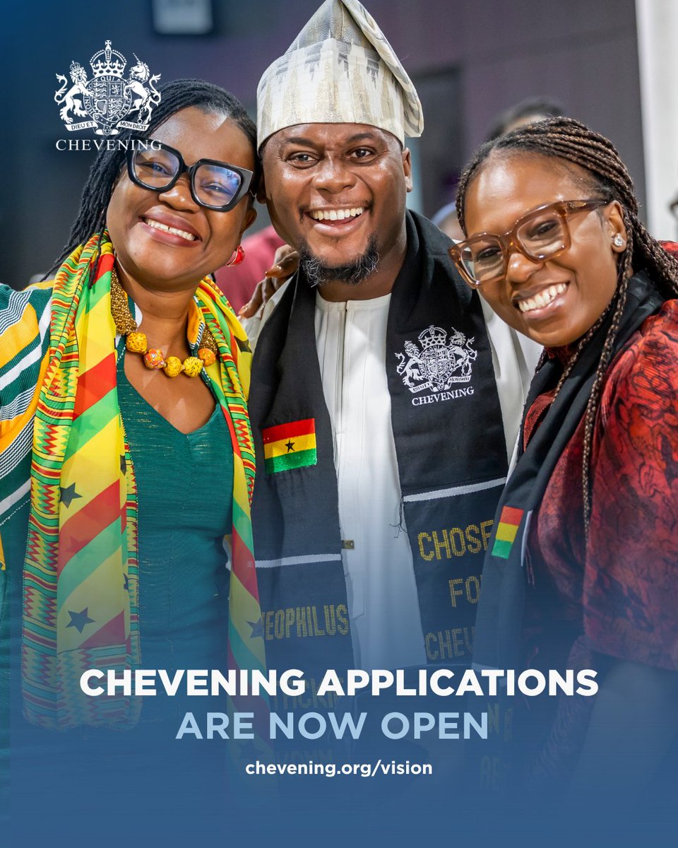 UKinGhana's tweet photo. Applications for #Chevening Scholarships are now open!

If you’re a future leader who’s ready to influence positive change in areas of shared priority for Ghana and the UK, this could be the opportunity you’ve been waiting for.

With a Chevening Scholarship, you’ll gain:
🎓 A world-class education
🤝 A lifelong relationship with the UK
🌎 Access to a global network of influential leaders

Find out if you're ready to apply: https://t.co/P2M8YZs95m

Applications close on Tuesday 6 October at 11:00 (UTC).

#IAmChevening