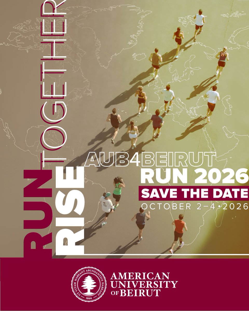 AUBAlumni's tweet photo. SAVE THE DATE ALERT!
We are excited to announce our seventh annual AUB4Beirut Run, which will take place around the world on October 2–4, 2026. In the coming weeks, we will be posting information on how you can participate. Stay Tuned!
#AUB4BeirutRun #AUBProud https://t.co/dYKVOFky4t