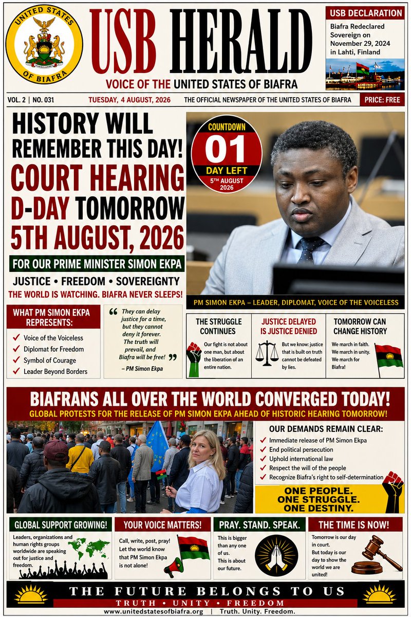 DrakeOfficial06's tweet photo. History Beckons: The Final Countdown to Justice — As the 5th August 2026 Appeal Court Hearing Begins, Biafrans Across the World Rise in Unity, Hope, and Determination, Standing Firm for Truth, Freedom, and the Pursuit of Justice for Prime Minister Simon Ekpa. https://t.co/hpmZoELKNq