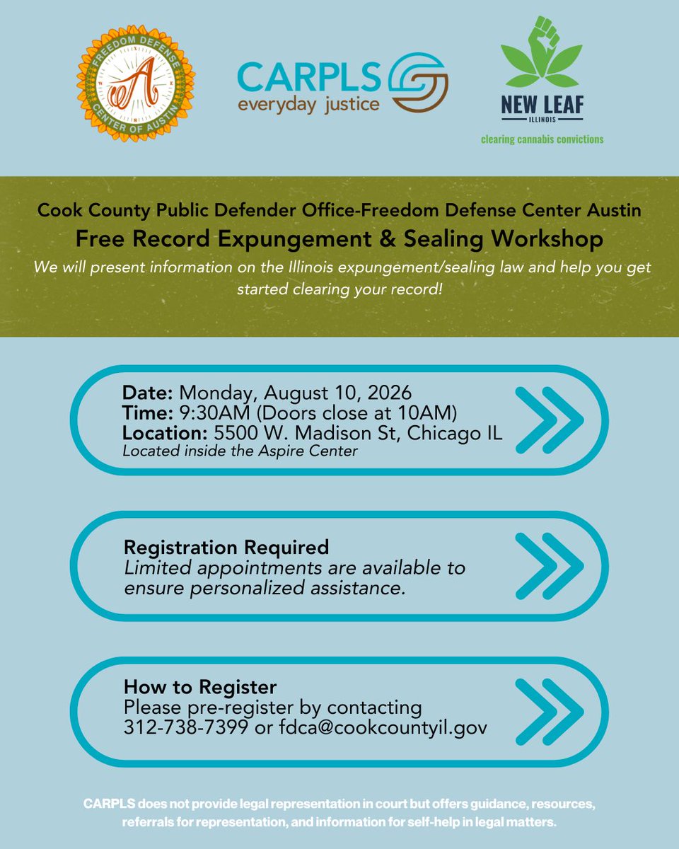 NewLeafIllinois's tweet photo. CARPLS and New Leaf are collaborating with the Cook County Public Defender Office’s FDCA for an Expungement &amp; Sealing Clinic on Monday, August 10, 2026.

Location: 5500 W. Madison St, Chicago IL
Time: 9:30AM 
Registration Required – Please pre-register by contacting 312-738-7399 https://t.co/gyPxHJdZ7a