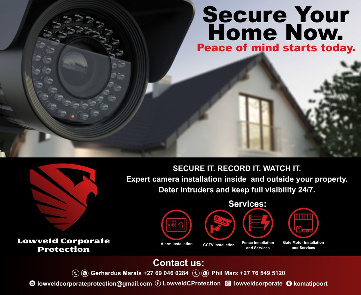 GorePrinting's tweet photo. Lowveld Corporate Protection Mpumalanga-SECURE IT. RECORD IT. WATCH IT. Expert camera installation inside and outside your property.
Contact us to secure your property: +27690460284 or +27765495120
https://t.co/2WE2804ZTR
#alarms #GateMotors #AlarmInstallation #goreprintingsma https://t.co/s3yNkkgKZS