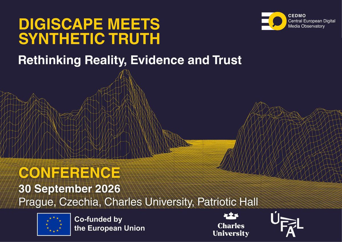 CEDMOhub's tweet photo. Can we still trust what we see online? 🔍

AI is reshaping not only how content is created, but also how we define evidence, reality, and trust.

Join the CEDMO flagship conference Digiscape Meets Synthetic Truth: Rethinking Reality, Evidence, and Trust to discuss these challenges with leading experts from media, AI, healthcare, academia, fact-checking, public administration, strategic communication, and media literacy.

📢 Register via the link in the thread below ⬇️

#CEDMO #CIC2026 #AI #Disinformation #MediaLiteracy