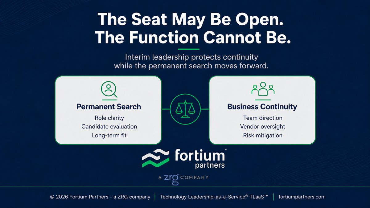 fortiumpartners's tweet photo. When a technology leader leaves, the vacancy is only part of the problem. Teams still need direction, vendors need oversight, and cyber and AI decisions still require executive ownership. 
#InterimLeadership #TechnologyLeadership #FortiumPartners https://t.co/LjOhVJr8QY