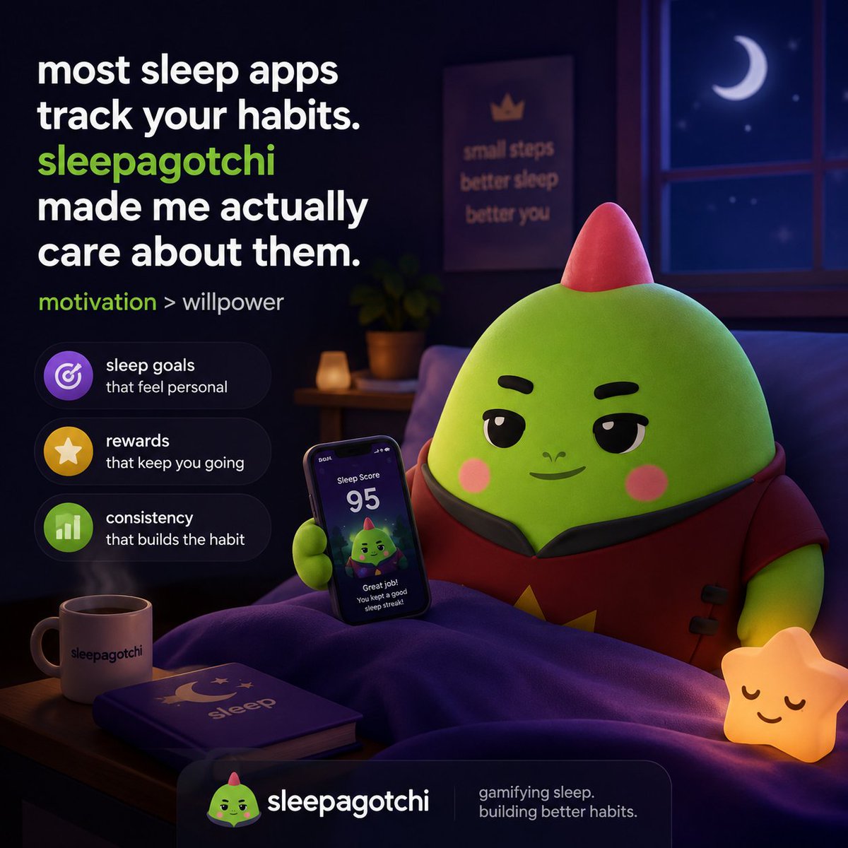 hesamd1's tweet photo. most sleep apps track your habits. @sleepagotchi made me actually care about them.

the motivation system changed how i approached sleep, because consistency started feeling rewarding instead of forced.

can gamifying sleep make better habits stick? https://t.co/7U07a5kDRC
