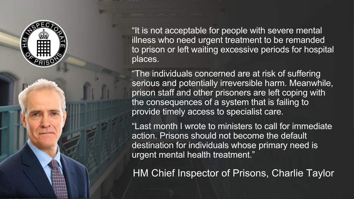 HMIPrisonsnews's tweet photo. People with severe mental illness who need urgent treatment are being remanded to prison and left waiting excessive periods for hospital places.

Last month, @charlie_taylor6 wrote to ministers calling for urgent action

Read the press release: https://t.co/0xuDDctT6Q https://t.co/1qerK9aW1h