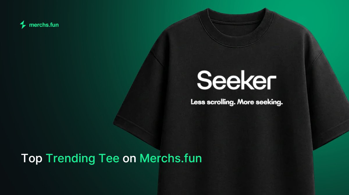 merchsdotfun's tweet photo. Lowkey love seeing the Seeker Tee become one of the most-loved drops at @merchsdotfun thanks to @solanamobile Seeker Summer.

A bunch of the squad have already grabbed one, and now we can’t wait to see how y’all rock the fit IRL.

Seeker Tee - Less Scrolling. More Seeking. https://t.co/LeOaI03P4K