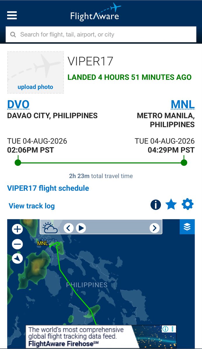 yogawithben's tweet photo. There was a "VIPER 17" aircraft that left Davao airport at 2:06PM today and landed in Manila at 4:29PM. This was the only non-commercial aircraft in the arrival logs from flightstats. This seems to be a government or military aircraft as it just flew to and from Basa Air Base in Lipa last week on Friday, July 31. Could this have been the aircraft that carried Bato dela Rosa from Davao to Manila? #NasaanSiBato