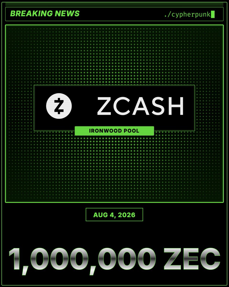 cypherpunk's tweet photo. BREAKING: the Ironwood shielded pool has crossed 1,000,000 ZEC, just a week after activation. https://t.co/5DExVTbyTC