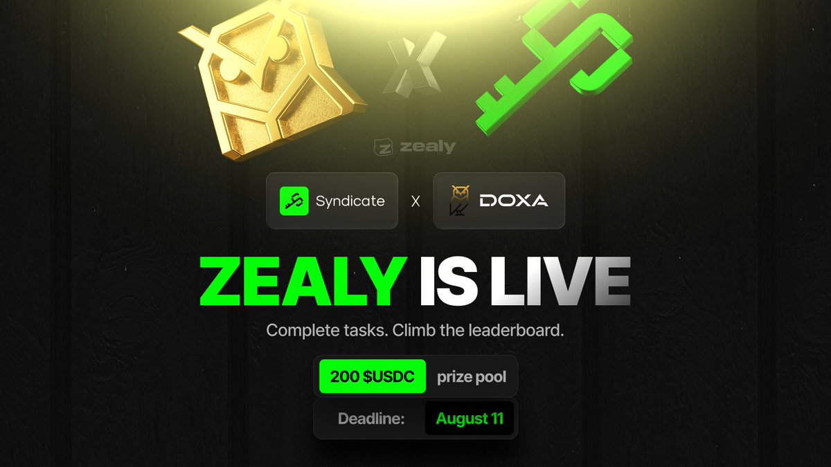 sndcapp's tweet photo. Syndicate 🤝 @doxawin Zealy campaign is LIVE 👇

https://t.co/NwsidfD0hh

200 $USDC leaderboard, 20 winners.

⏳ Deadline: August 11

All quests are open from the start – finish the social tasks, register your Doxa account, and make some content about them. 

Do that and you're competing with others. 

Doxa pulls every prediction market into one place and finds you the best price, so you're never hopping between platforms to see where the odds are better.

See you at @zealy_io, Syndicators 💚