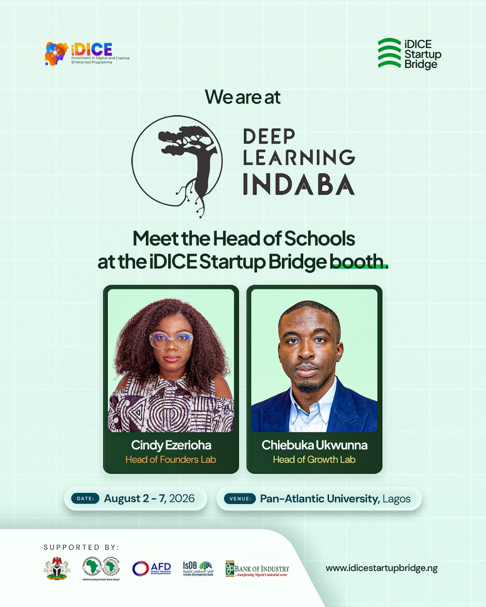 iDICEStartup's tweet photo. 📍 Visit the iDICE Startup Bridge booth at Indaba 2026.

If you're attending Deep Learning Indaba 2026 (@DeepIndaba), be sure to stop by the iDICE Startup Bridge booth and meet our Head of Schools.

Whether you're exploring entrepreneurship, building your startup, or simply want to learn more about our programmes, we're here to answer your questions and help you discover the opportunities available through iDICE Startup Bridge.

Come say hello, ask your questions, and let's talk about building the future of innovation in Nigeria.

#Indaba2026 #iDICEStartupBridge #Innovation #Entrepreneurship #Startups #Nigeria #BuildInNigeria