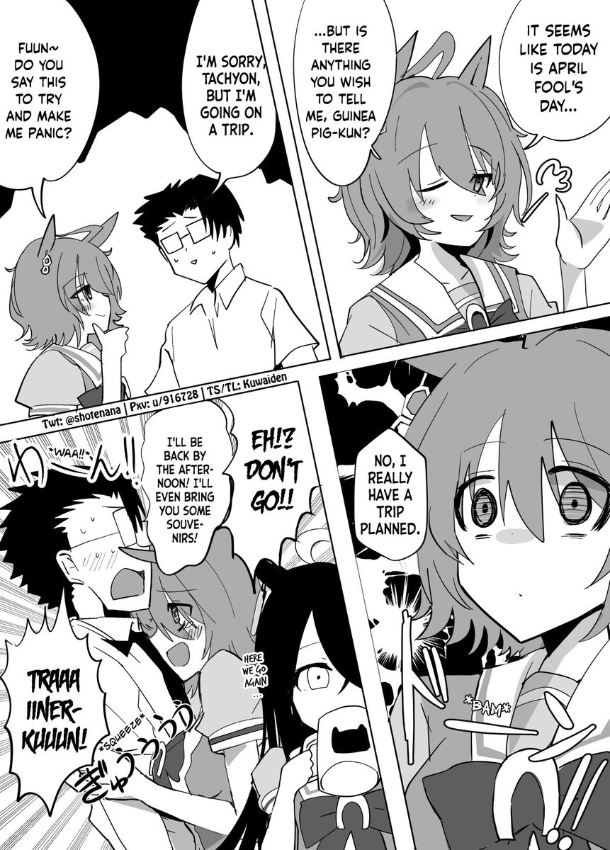 Kuwaiden's tweet photo. Tachyon Forcibly Turning Guinea Pig-kun's Statement Into a Lie by @shotenana 

Needy Tachy always good

#ウマ娘 #Umamusume 
#ウマ娘英訳 #UmaTranslations https://t.co/9vmQD8qMlv