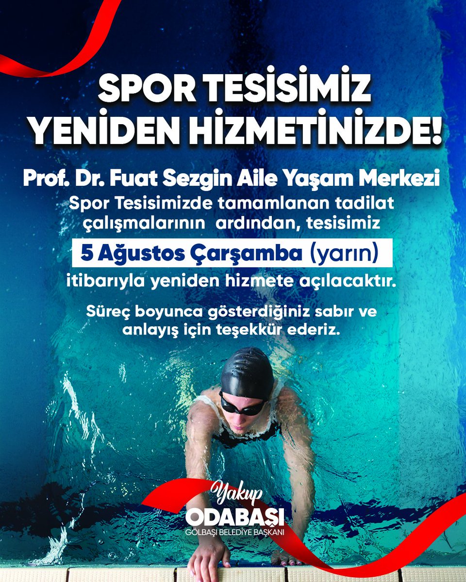 golbasibel's tweet photo. SPOR TESİSİMİZ YENİDEN HİZMETİNİZDE!

Prof. Dr. Fuat Sezgin Aile Yaşam Merkezi Spor Tesisimizde tamamlanan tadilat çalışmalarının ardından, tesisimiz 5 Ağustos Çarşamba (yarın) itibarıyla yeniden hizmete açılacaktır. 

Süreç boyunca gösterdiğiniz sabır ve anlayış için teşekkür ederiz.